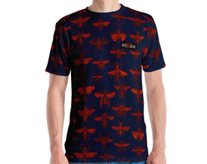 "Insect Vibrations" in burgundy (design's color). Burnt orange. 5 COLOR VARIANTS. short-sleeved T-shirt