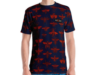 "Insect Vibrations" in burgundy (design's color). Navy. short-sleeved T-shirt