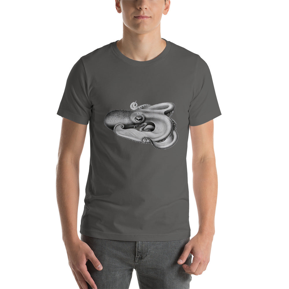 Curling Octopus illustration in grey. "Marine Creaturz" Collection. Short-Sleeve Unisex T-Shirt