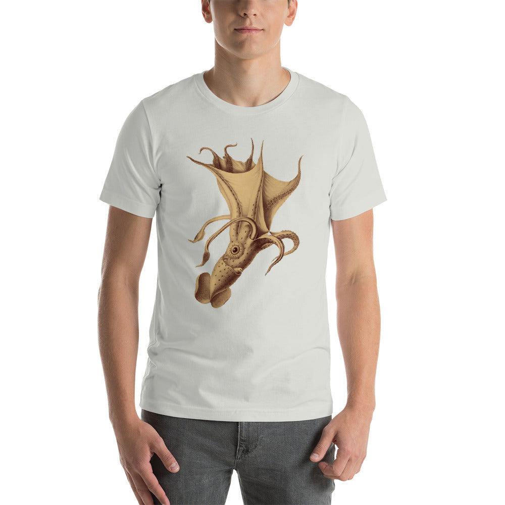 Squid, Vintage style illustration in old gold color. "Marine Creaturz" Collection. Short-Sleeve Unisex T-Shirt