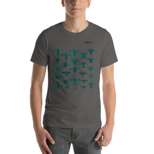 "Insect Vibrations"  in blue emerald, front panel style, Short-Sleeve Unisex T-Shirt