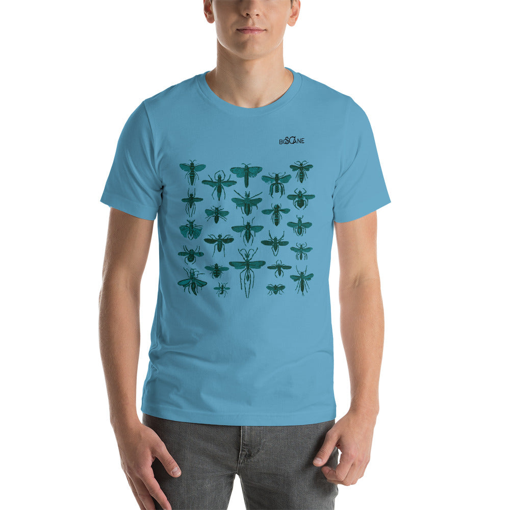 "Insect Vibrations"  in blue emerald, front panel style, Short-Sleeve Unisex T-Shirt