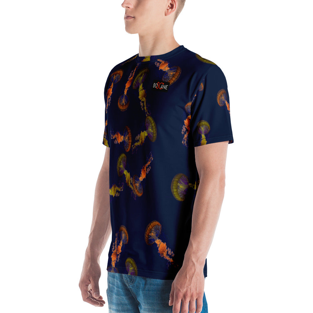 "Fascinating Jellyfish" in Tangy Orange and electric Yellow. Jersey short sleeved men shirt.