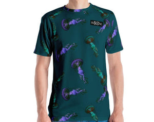 "Fascinating Jellyfish" in electric indigo and water green, 3 COLOR VARIANTS. Men's T-shirt