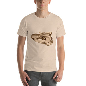 Curling Octopus illustration in old gold color. "Marine Creaturz" Collection. Short-Sleeve Unisex T-Shirt