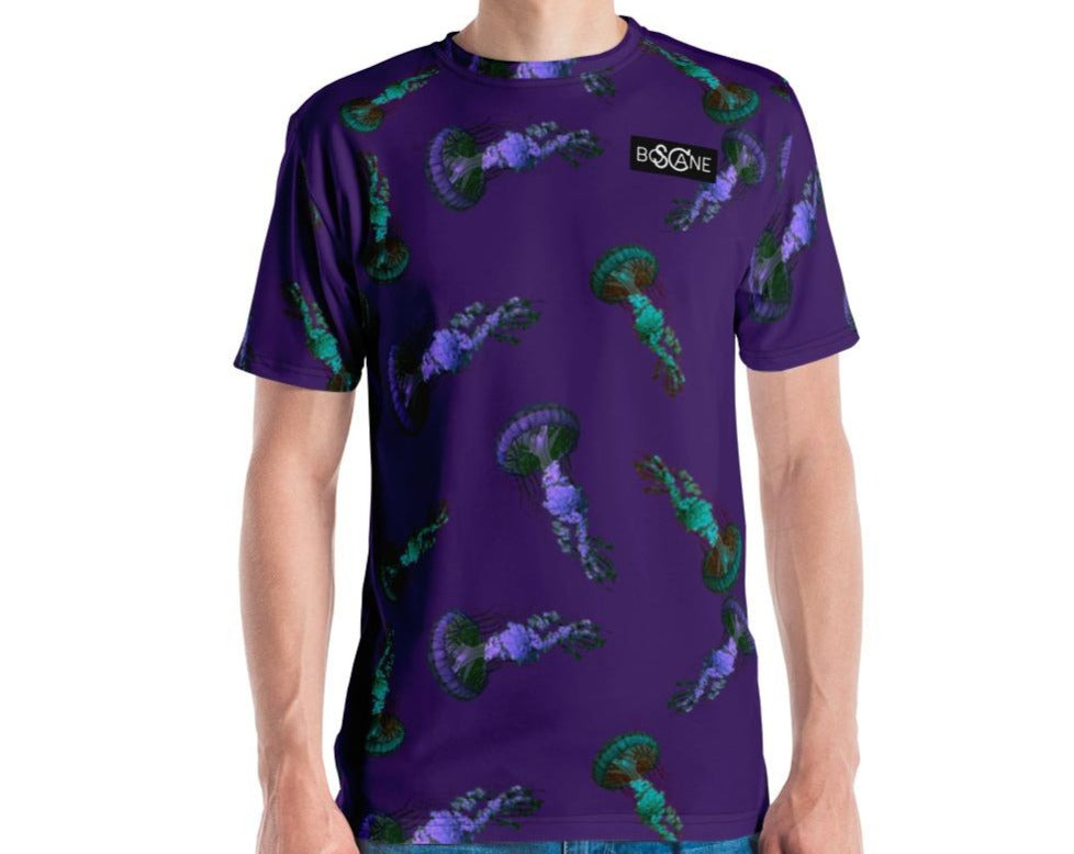 "Fascinating Jellyfish" in electric indigo and water green, 3 COLOR VARIANTS. Men's T-shirt