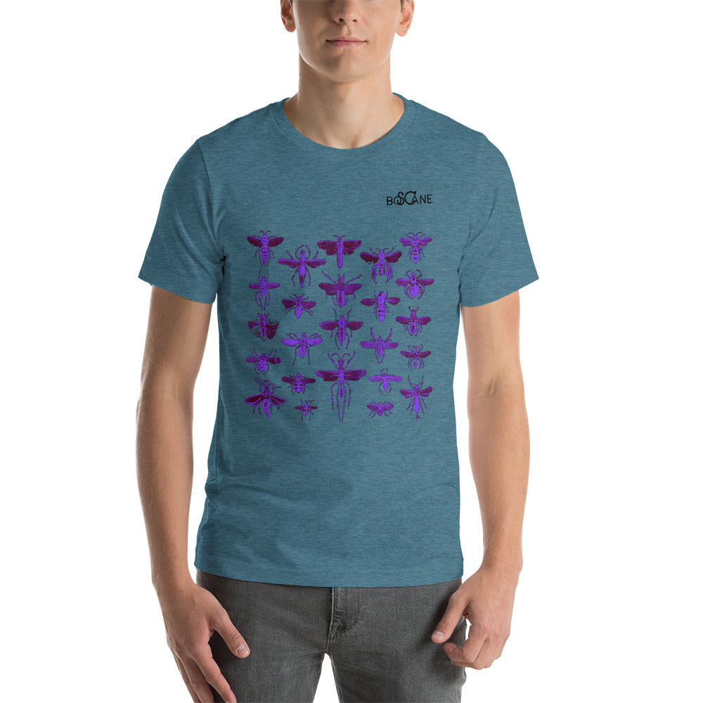 "Insect Vibrations"  in "Ultraviolet" purple, in front panel style, Short-Sleeve Unisex T-Shirt