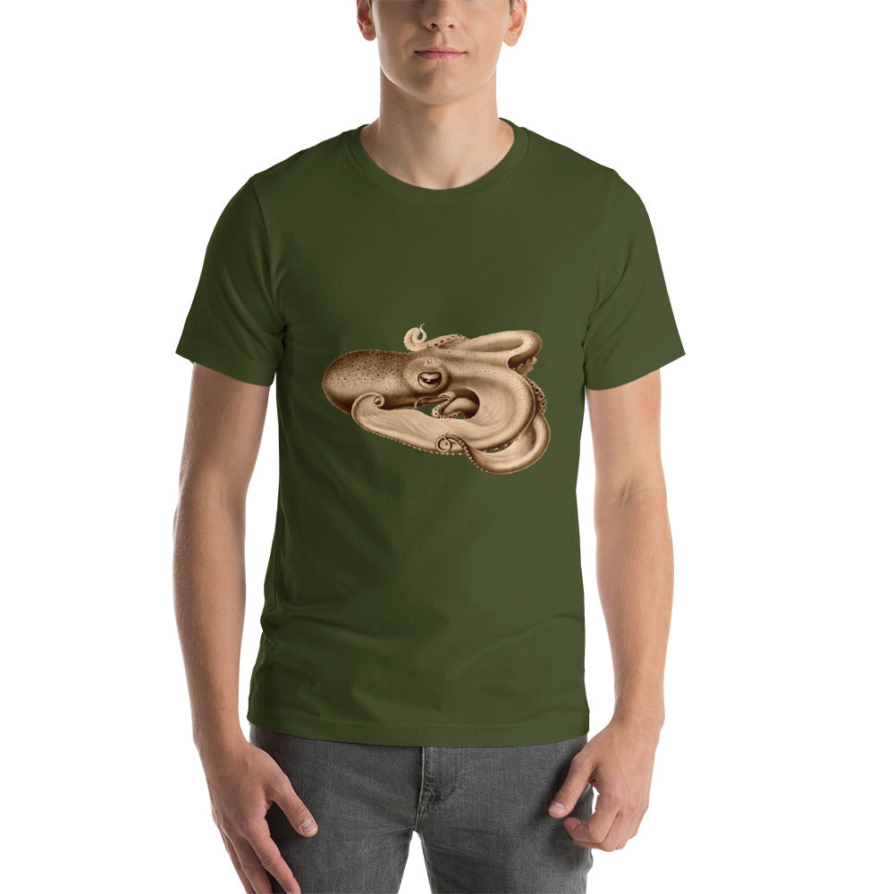 Curling Octopus illustration in old gold color. "Marine Creaturz" Collection. Short-Sleeve Unisex T-Shirt