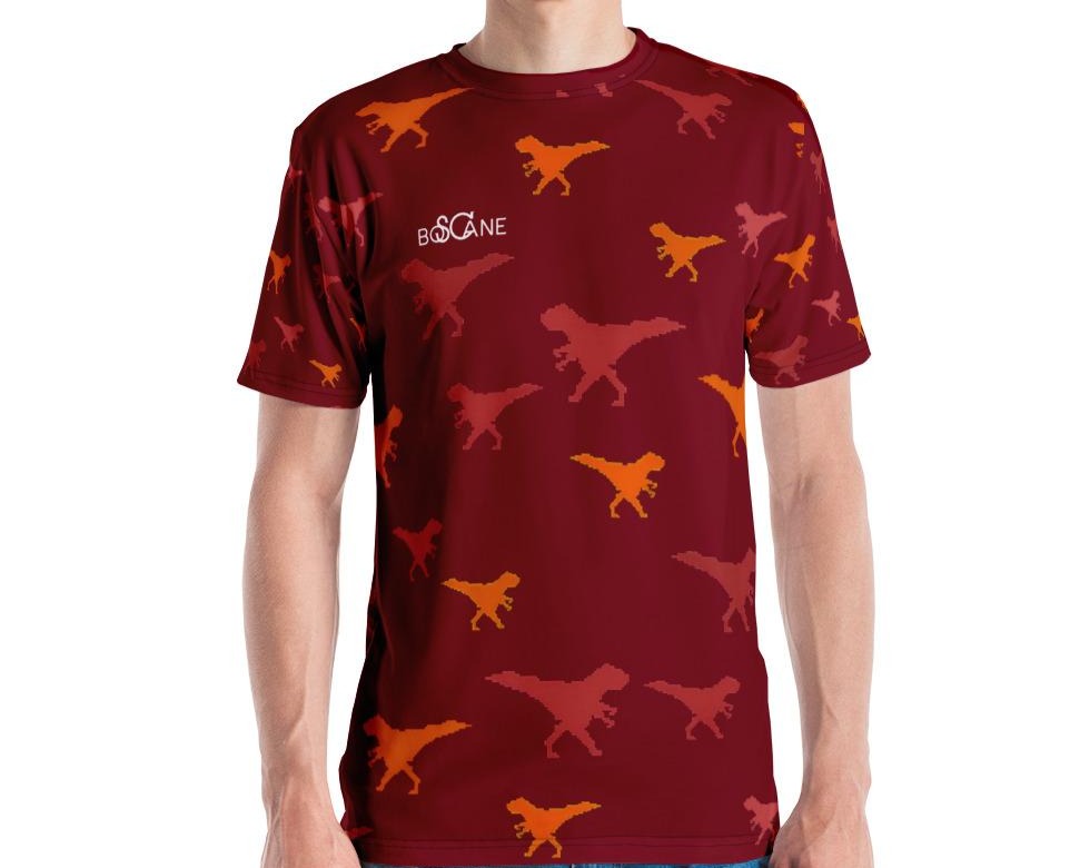 Funky Dino in Pixel art, Dark pink & tangy Orange T-rex. 7 COLOR VARIANTS. Men's T-shirt